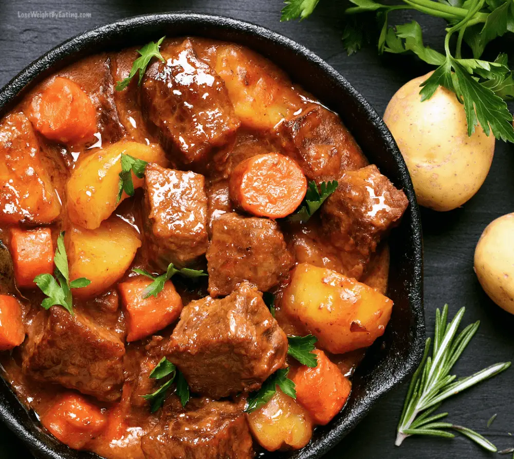 healthy slow cooked beef stew in crockpot